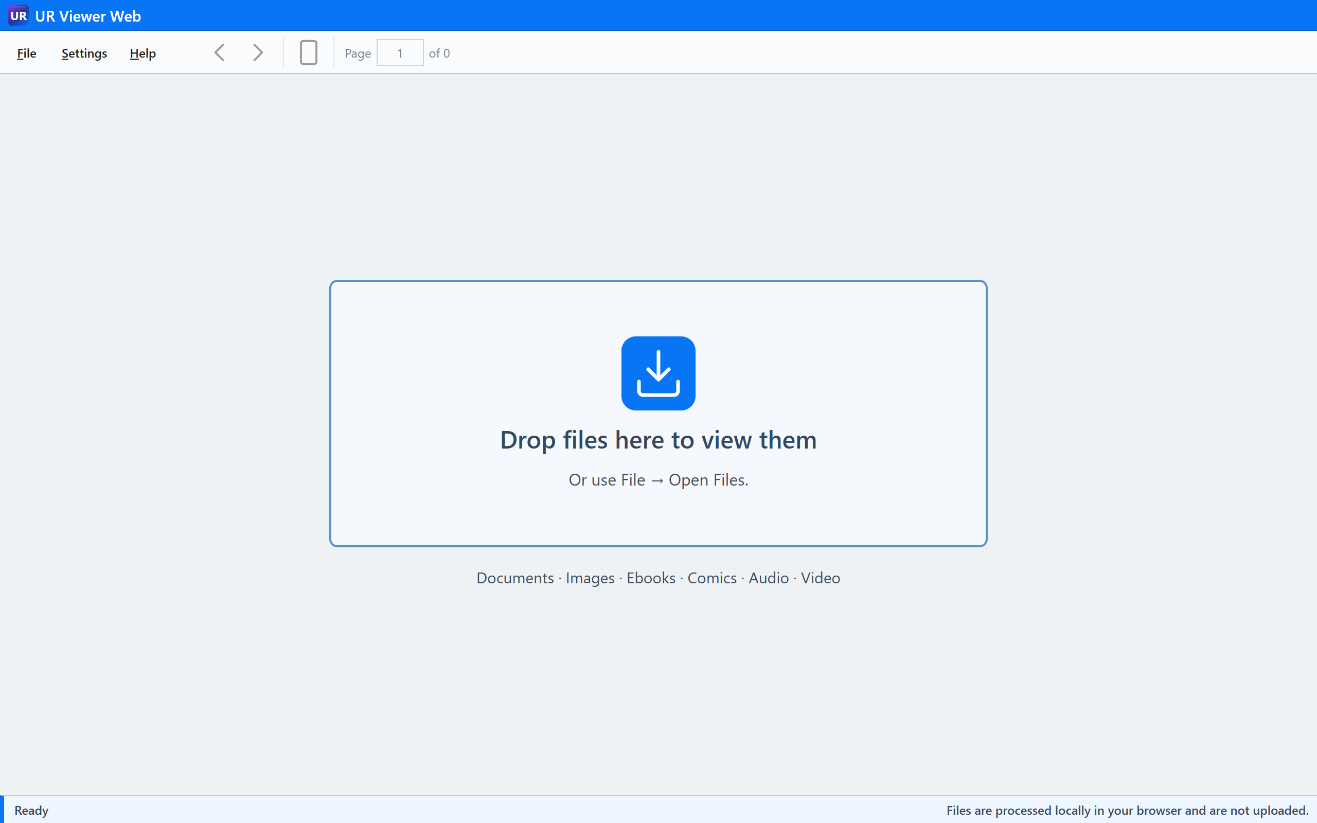 UR Viewer Web 1.0.0 launcher with a single drop zone and white download icon on a blue square