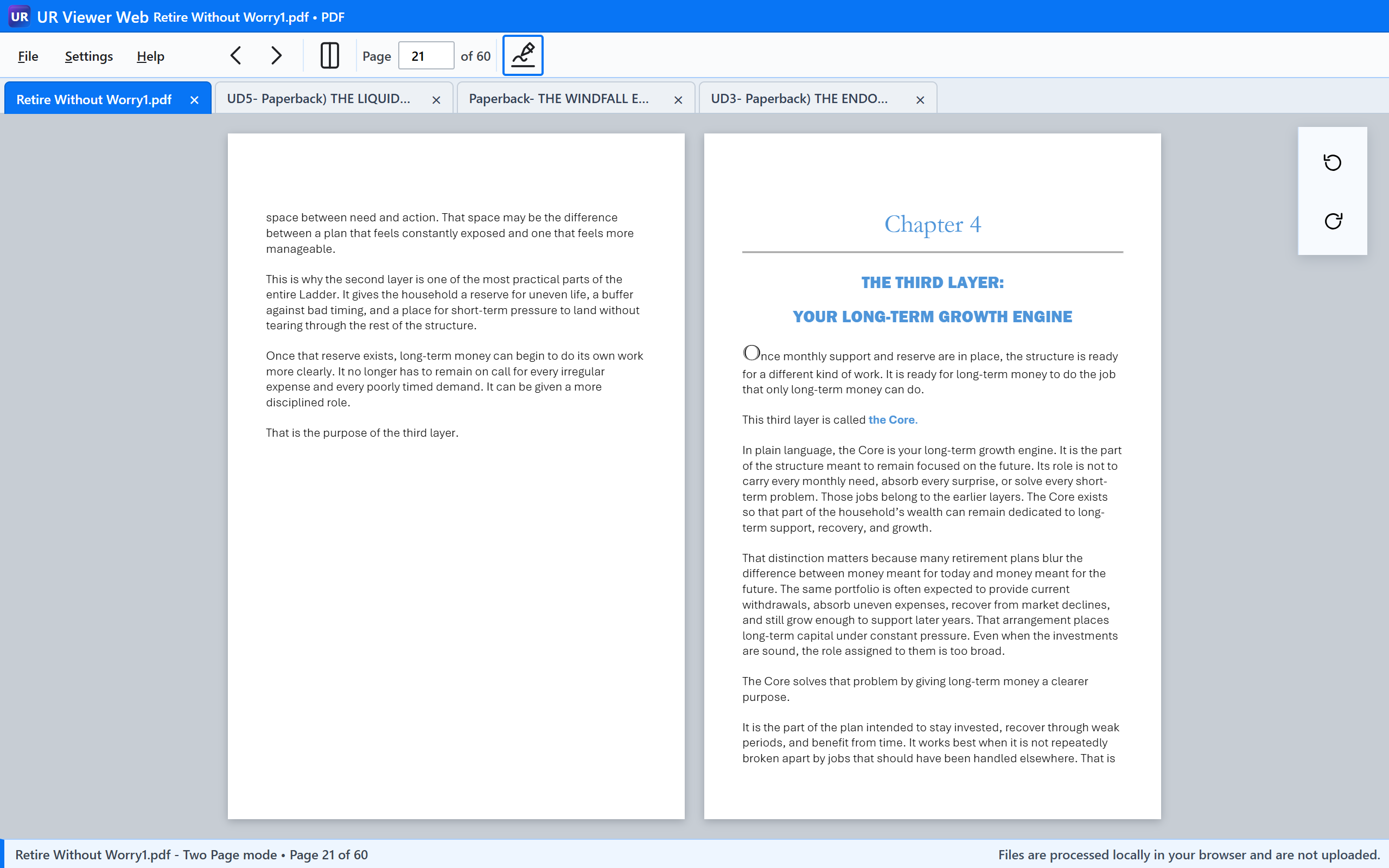 UR Viewer Web 1.0.0 with four real PDFs open and Retire Without Worry1.pdf active in blue in two-page view
